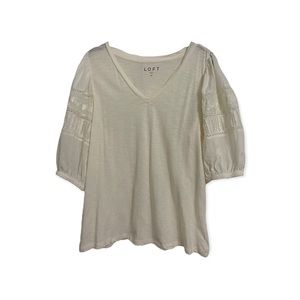 LOFT Ivory Tee with Embroidered Puff Sleeves